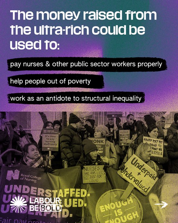 An instagram post used for the Labour: Be Bold campaign from Green New Deal Rising, suggesting how money raised from taxing the ultra-rich could be used to enrich other parts of society.