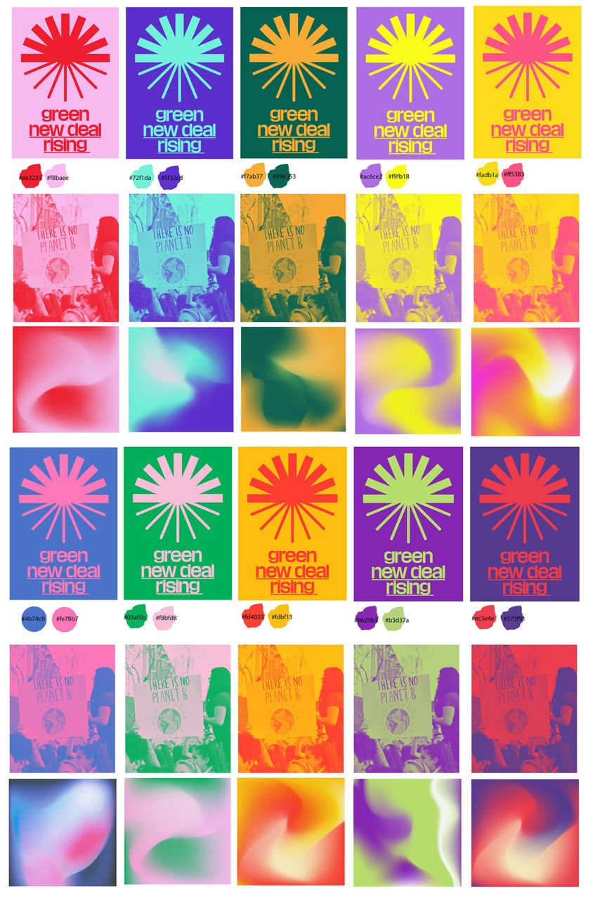 A grid of colour and gradient variations of the Green New Deal rising logo and photo treatment
