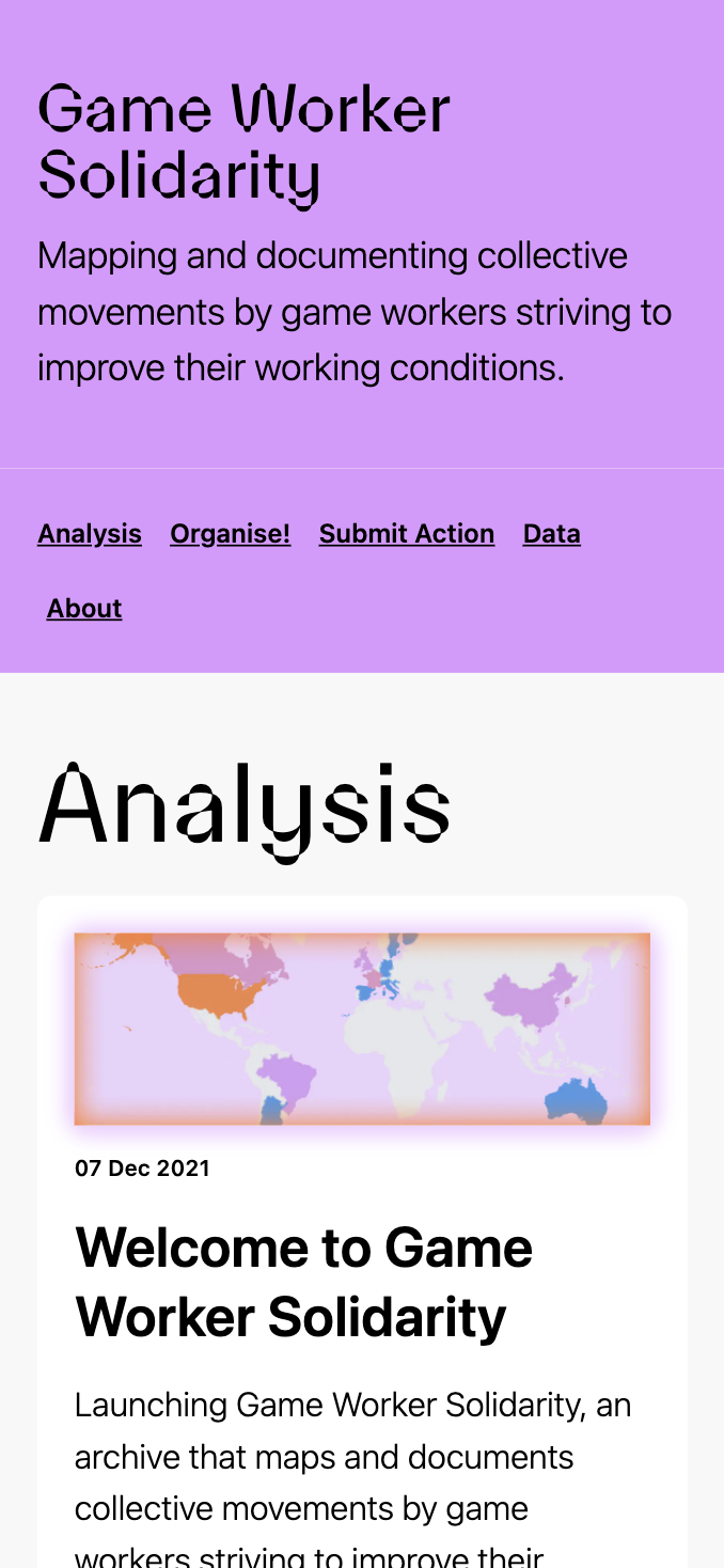 Mobile screenshot of the site, detailing what the movement is aiming to achieve, and an analysis tab.