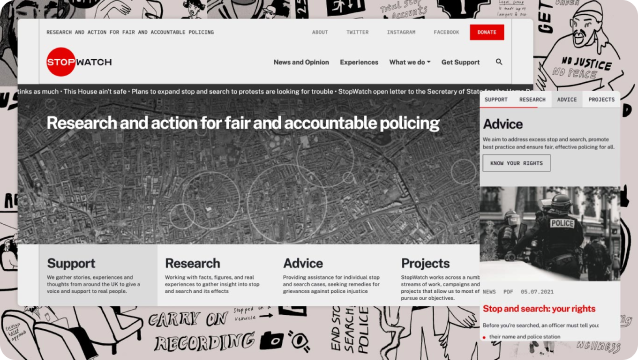 Screenshots of campaign, detailing four pillars of focus: Support, Research, Advice and Projects