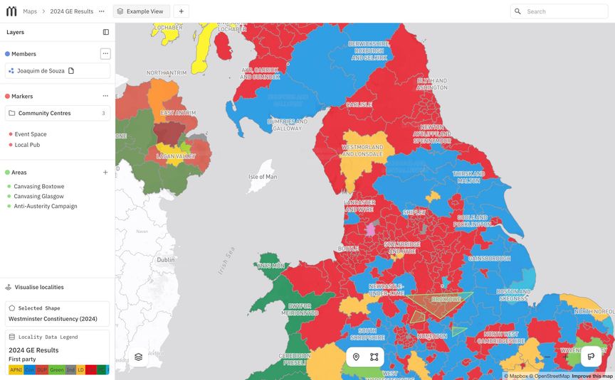 Screenshot from Mapped, showing 2024 General Election results
