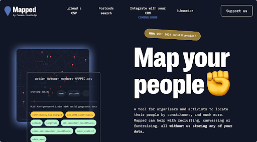 A screenshot of the "mapped" webpage, a tool for organizers and activists to locate their network by constituency and much more.