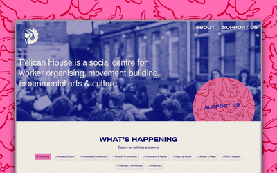 A screenshot of the Pelican House homepage, showing an overview of the social centre programme