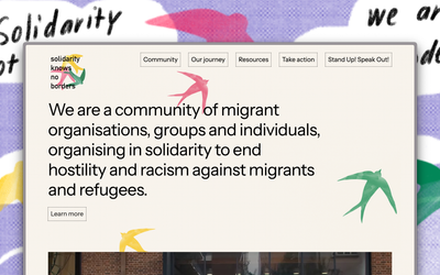 The SKNB homepage, which says "We are a community of migrant organisations, groups and individuals, organising in solidarity to end hostility and racism against migrants and refugees."