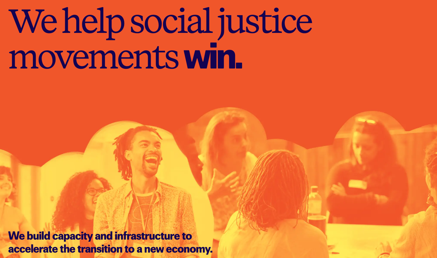 NEON's homepage banner. Large text says "We help social justice movements win."