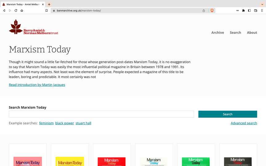 Screenshot of the archive, showing the collection of Marxism Today publications, with a blurb discussing the publication.