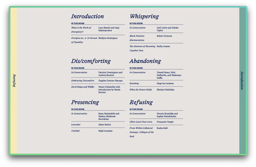 Website index showing all the rooms and contributions