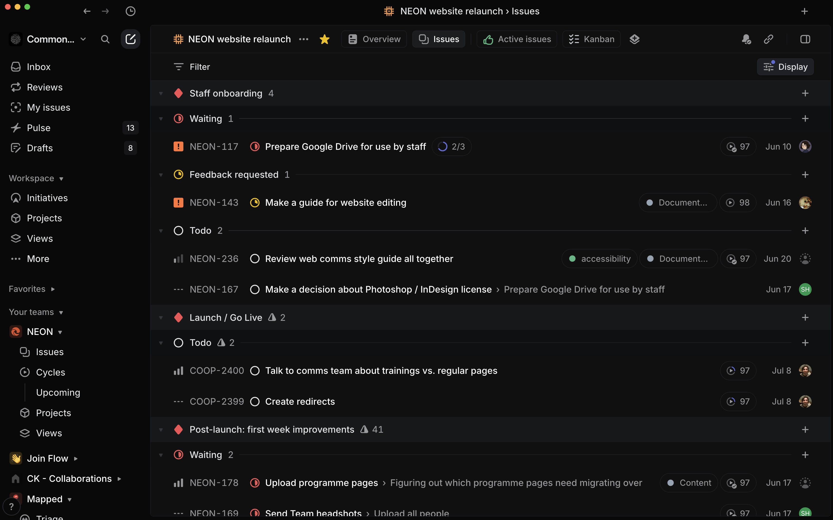 The Linear task list just after launch.
