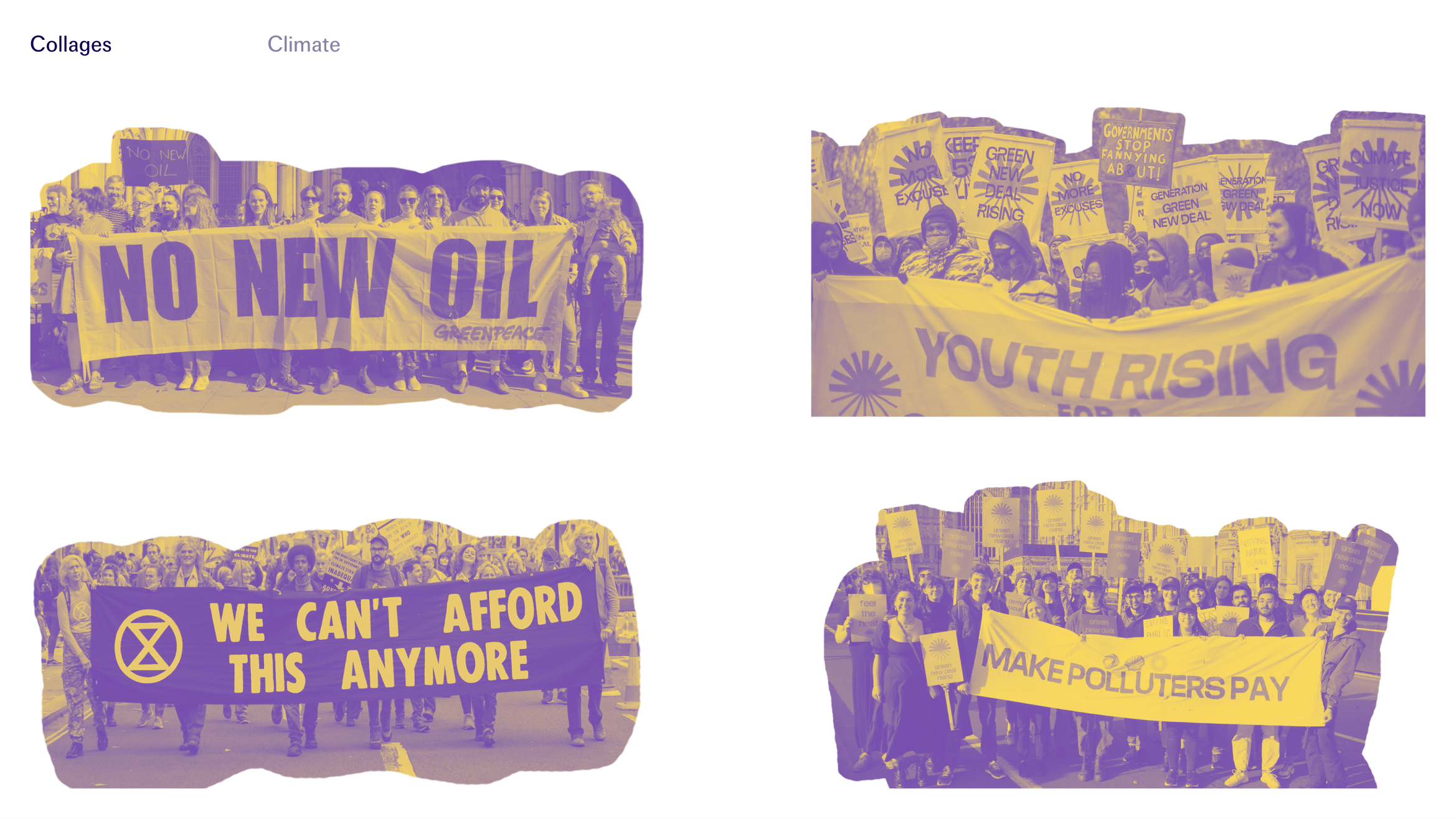 Cutout photos for use in graphics, all of protesters holding banners with climate crisis slogans