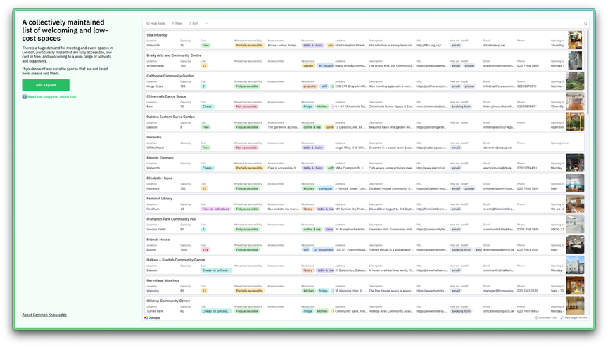 Screenshot of Common Knowledge's Spaces database, showing accessible community spaces in London