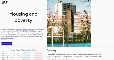 A prototype homepage for the JRF housing campaign, detailing systemic housing issues within society