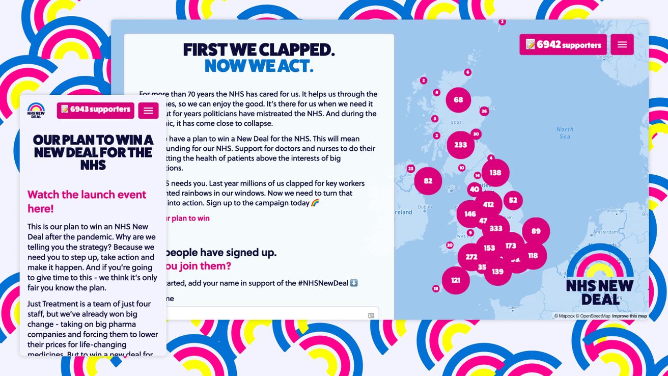 Desktop and mobile screenshots of the New Deal campaign, explaining the campaign's strategy.