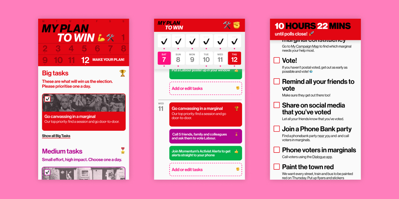 Three mobile screenshots of the campaign site, showing tasks, sorted by importance and on a calendar