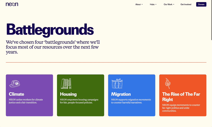 An animated screenshot of NEON web pages: Battlegrounds, Housing, Resources