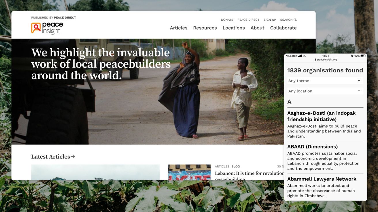 Desktop and mobile screenshots of the platform, the mobile depicts the organisation directory.
