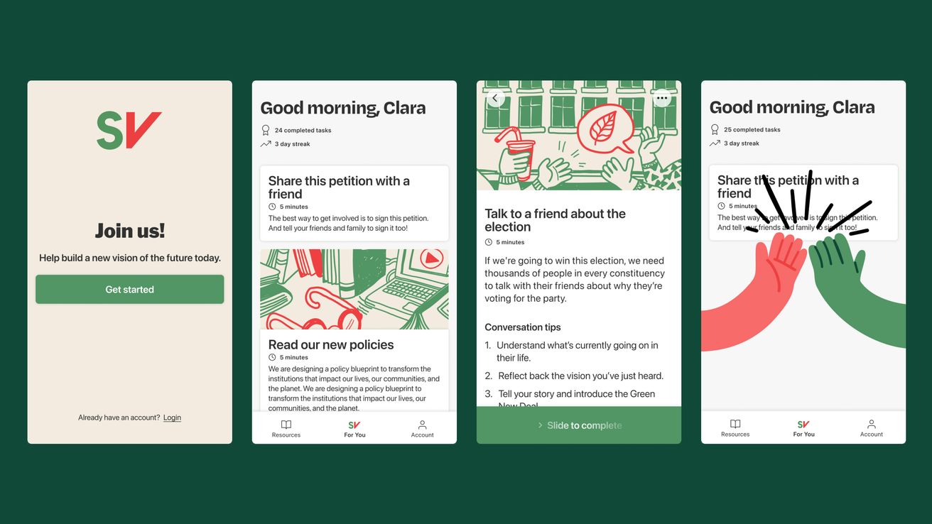Four screenshots of the supporter app, detailing the journey users take when completing tasks.